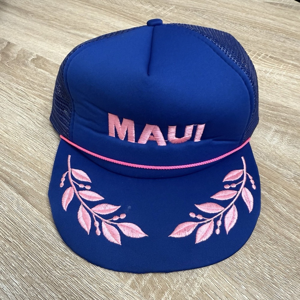 Vintage Hawaiian Headwear Maui Pink Embroidery Trucker Hat Blue Mesh Snapback OS
